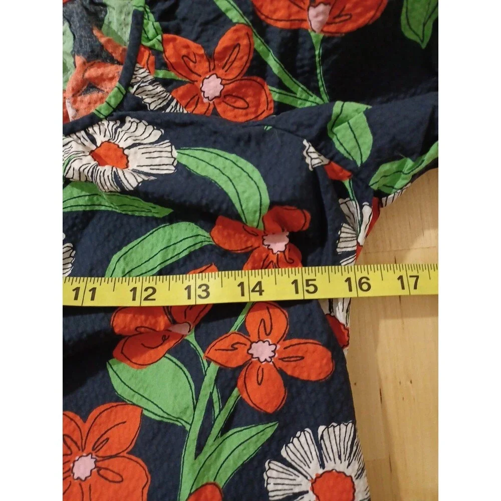 Kate Spade Size Small Daisy Vines Puff Sleeve Blouse Blue Floral Scoop Neck EUC